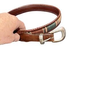 Brighton Santos Multi Color Canvas Brown Laced Leather Belt Silver Buckle 38